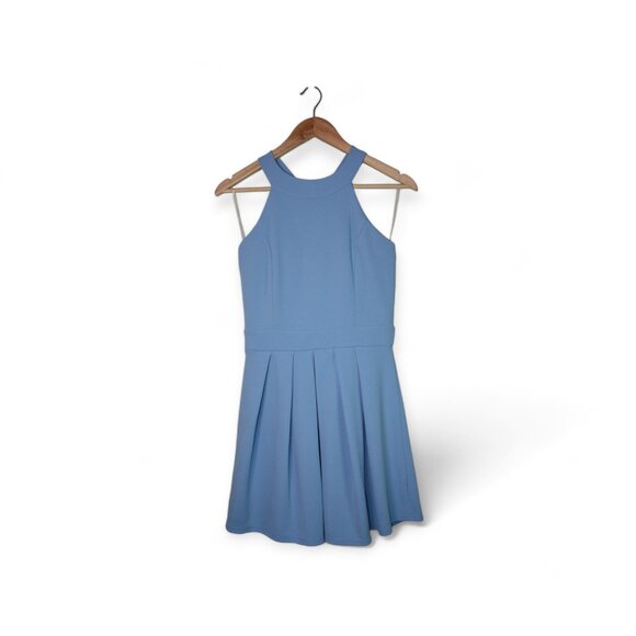 Blue Sleevless Halterneck Baby Doll Dress with Back Bow - Picture 2 of 4